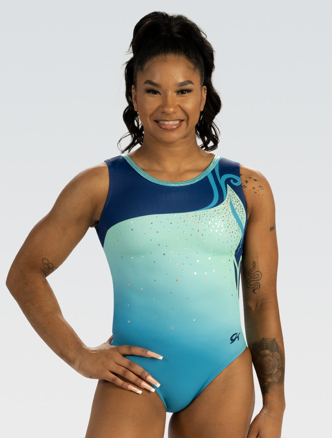 GK Elite Jewelled Gymnastic Tank Leotard - 3824 Womens - Delicate Blue Print